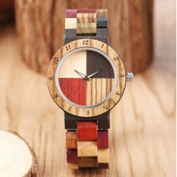 Wood Bangle Quartz Wristwatch 4 Color Mixed Dial Natural Full Wooden Timepiece