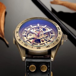 Retro Bronze Steampunk Skeleton Automatic Self-Wind Mechanical Vintage Look Wrist Watch