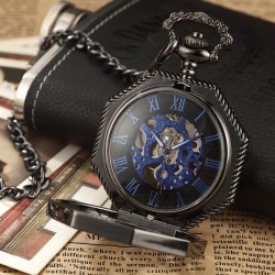 Classic Hexagonal Mechanical Pocket Watch with Roman Numbers and Chain