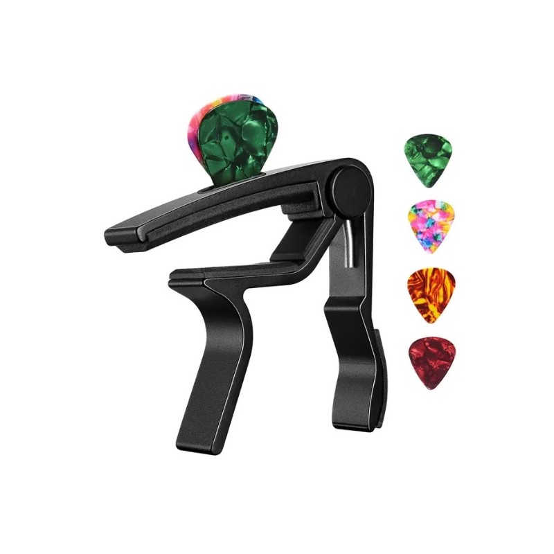 Guitar Capo Adjustment Clip Excellent Metal Picks Holder for Acoustic Electric Guitars Bass Ukulele with 4 Picks