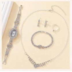 6 Piece Set Luxury Watch, Ring, Necklace & Earrings Rhinestone Fashion