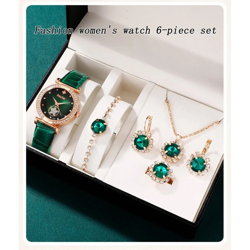 6 Piece Set Green Luxury Quartz Watch, Ring, Necklace & Earring Rhinestone Fashion