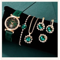 6 Piece Set Green Luxury Quartz Watch, Ring, Necklace & Earring Rhinestone Fashion