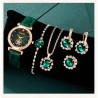 6 Piece Set Green Luxury Quartz Watch, Ring, Necklace & Earring Rhinestone Fashion