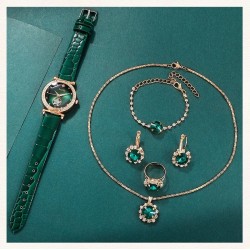 6 Piece Set Green Luxury Quartz Watch, Ring, Necklace & Earring Rhinestone Fashion