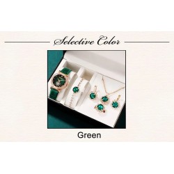 6 Piece Set Green Luxury Quartz Watch, Ring, Necklace & Earring Rhinestone Fashion