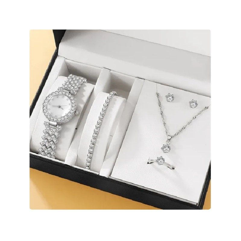 6 Piece Set Luxury Watch Ring Necklace Earrings Rhinestone Fashion