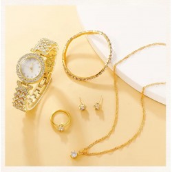 6 Piece Set Luxury Watch Ring Necklace Earrings Rhinestone Fashion