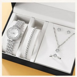 6 Piece Set Luxury Watch Ring Necklace Earrings Rhinestone Fashion