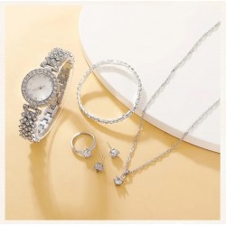 6 Piece Set Luxury Watch Ring Necklace Earrings Rhinestone Fashion