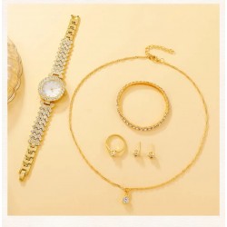 6 Piece Set Luxury Watch Ring Necklace Earrings Rhinestone Fashion