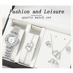 6 Piece Rhinestone Quartz Watch With Heart Necklace Bracelet Earrings Ring Jewelry Set