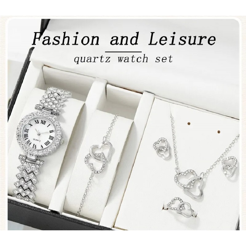 6 Piece Rhinestone Quartz Watch With Heart Necklace Bracelet Earrings Ring Jewelry Set