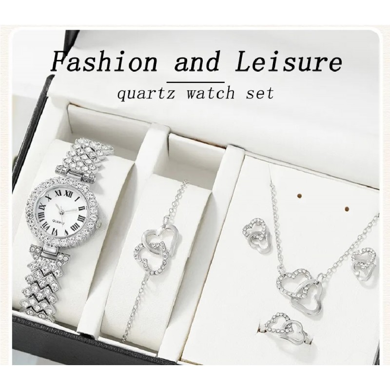 6pc Dainty Quartz Watch With Heart Jewelry Set For Women Rhinestone Watch Double Heart Necklace Bracelet Earrings Ring Set