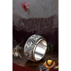 S925 Sterling Silver Ring with Four Scared Dragons Rotatable Jewelry Ring