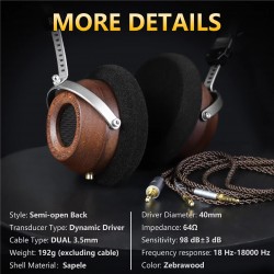 Wooden HiFi Stereo Dual Channel Audio Input Stereo Semi-Open Detachable Retro-Vintage Style Headphones