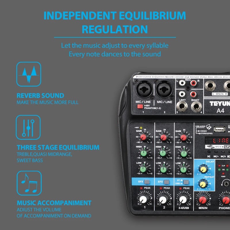 Audio Mixer 4-Channel Sound Mixing Console Supports Bluetooth