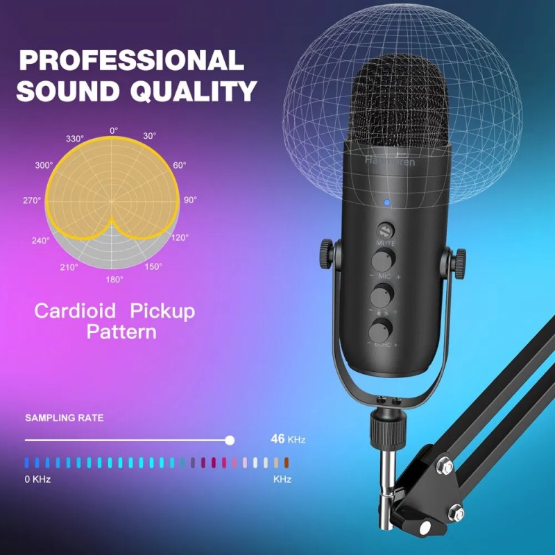 Professional USB Streaming Podcast PC Cardioid Condenser Mic Kit with Boom