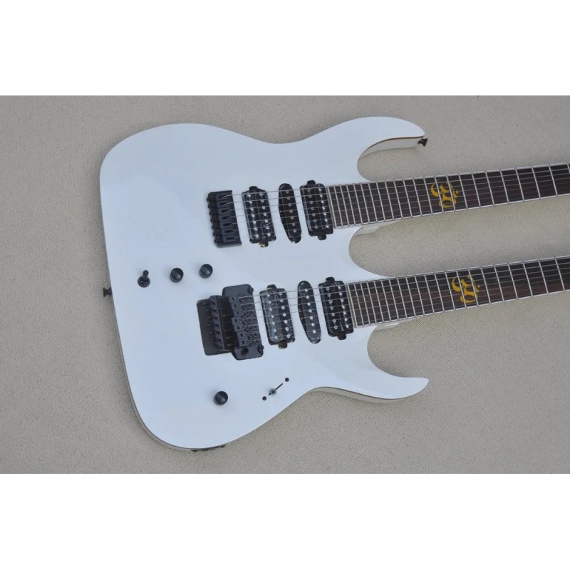 7+7 Strings White Double Neck Electric Guitar with Black Hardware & Rosewood Fingerboard